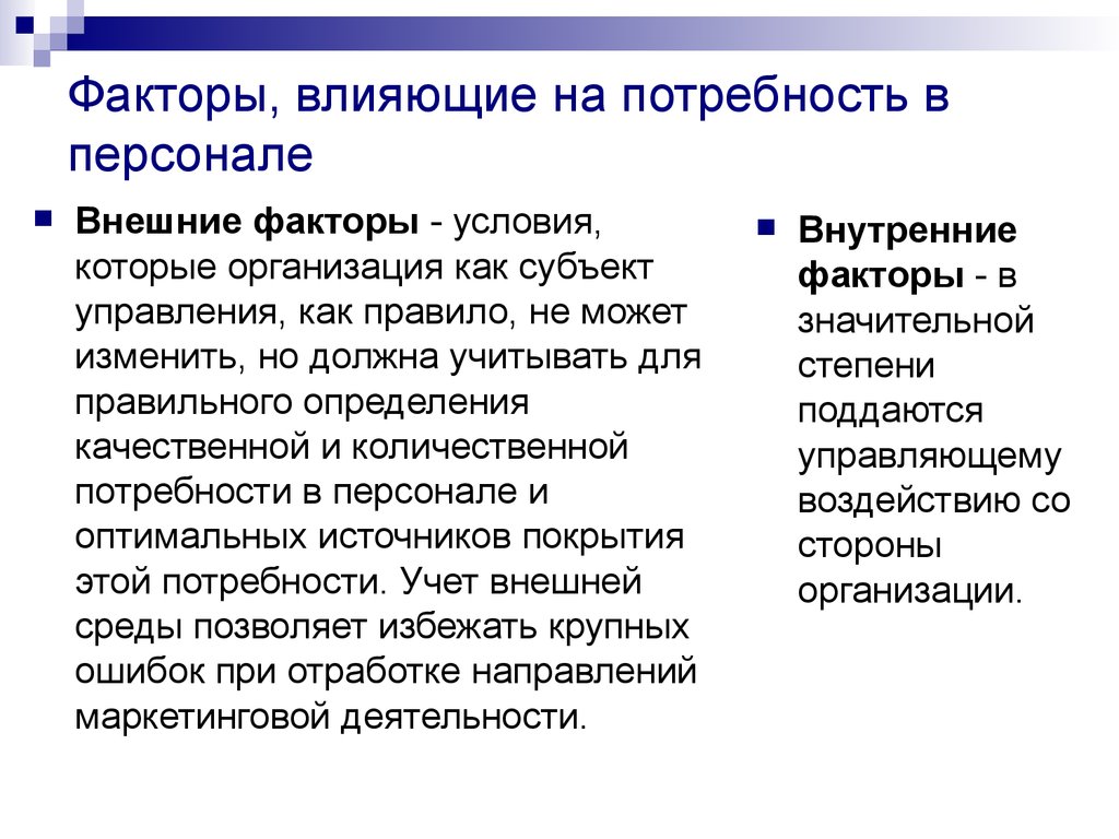 Потребность в персонале. Факторы определения потребности в персонале. Факторы, влияющие на потребность в кадрах: внешние и внутренние. Факторы определяющие потребность организации в персонале. Факторы влияющие на потребности.