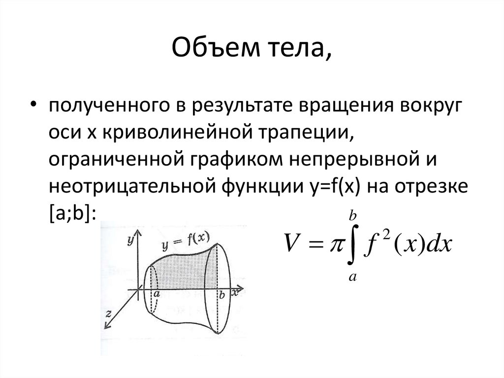 Тела вращения формулы. Площадь тела вращения через интеграл. Объем поверхности вращения через интеграл. Объём фигуры вращения через интеграл. Интегральная формула объема.