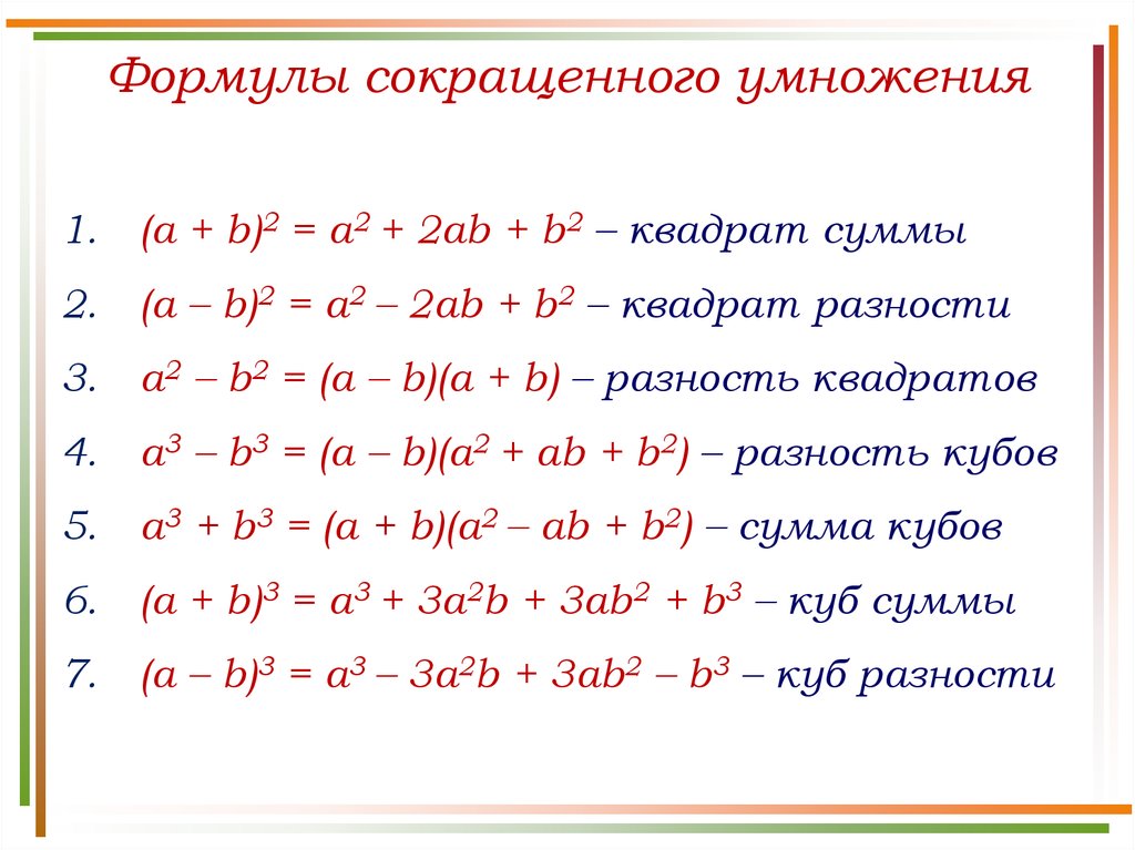 Формулы сокращенного умножения презентация