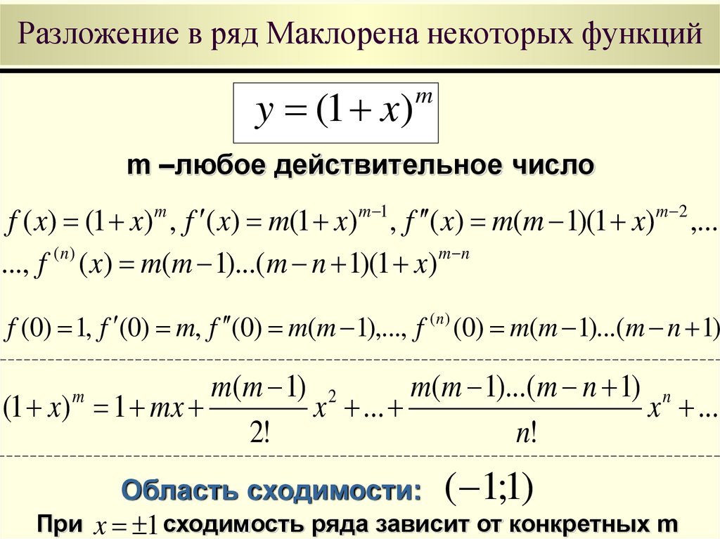 Разложить степенную функцию в ряд. Ряд Маклорена для степенной функции. Ряд Маклорена 1/x. Ряд Тейлора Маклорена формулы. Ряды Маклорена функция корня.