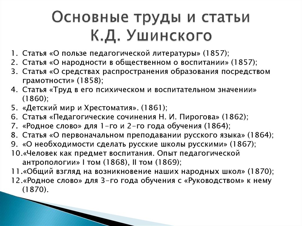 Основные труды и статьи К.Д. Ушинского