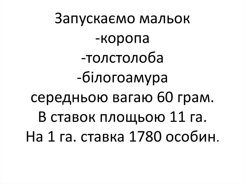 Запускаємо мальок -коропа -толстолоба -білогоамура середньою вагаю 60 грам. В ставок площьою 11 га. На 1 га. ставка 1780 особин.