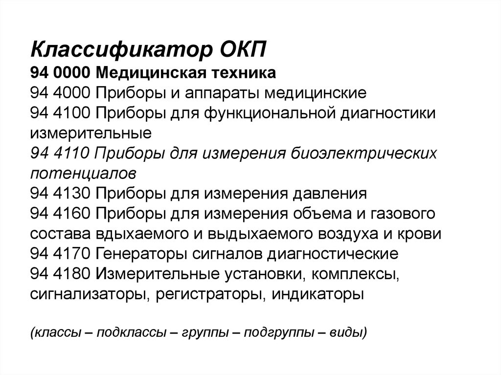 Окпд продукция. Аппараты для функциональной диагностики классификация. ОКП классификатор. Медицинские приборы классификация. Классификация медицинских приборов и аппаратов.