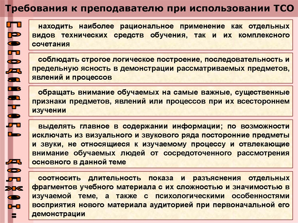 Требования к преподавателю. Рекомендации по использованию технических средств обучения. Использование ТСО. Требования к ТСО. ТСО В образовательном процессе.