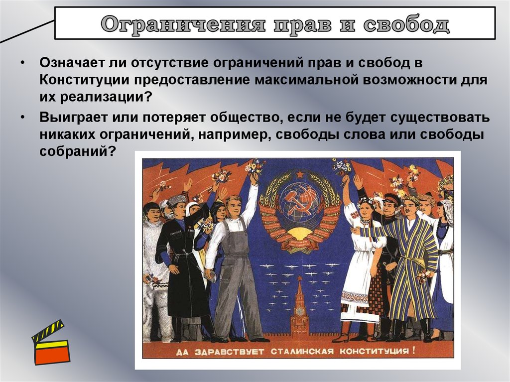 Свобода слова свобода собраний. Ограничение прав и свобод. Конституция ограничение прав и свобод. Ограничение прав и свобод советских конституций. Конституция 1936 права и свободы.