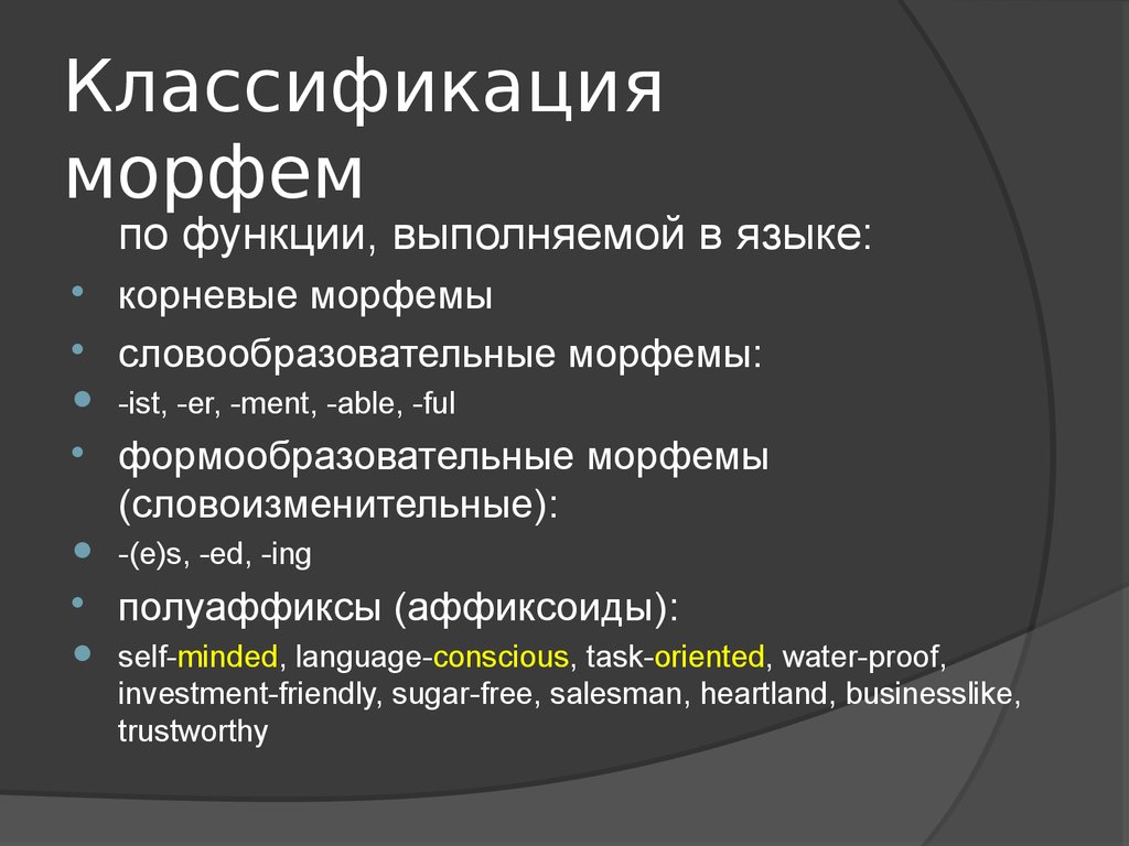 Словоизменительные морфемы. Классификация морфем. Функции морфем. Классификация типов морфем. Понятие морфема функции морфем.