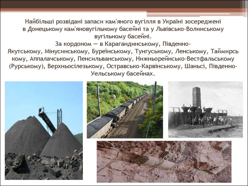 Найбільші розвідані запаси кам'яного вугілля в Україні зосереджені в Донецькому кам'яновугільному басейні та у Львівсько-Волинському ву