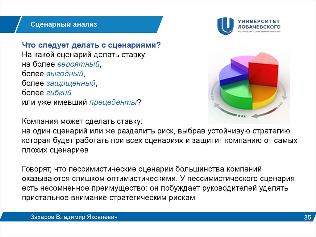 Более вероятно. Анализировать что делать. Стратегич внимания. Что можно делать с сценарием. Пессимистический сценарий какая стратегия подойдет.