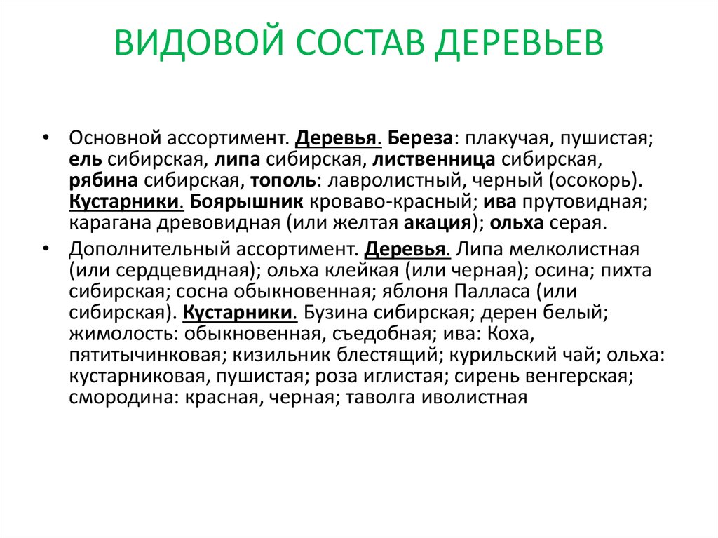 Провести описание. Видовой состав деревьев. Ветовой состав деревьев. Видовой состав кустарников. Видовой состав древесины.