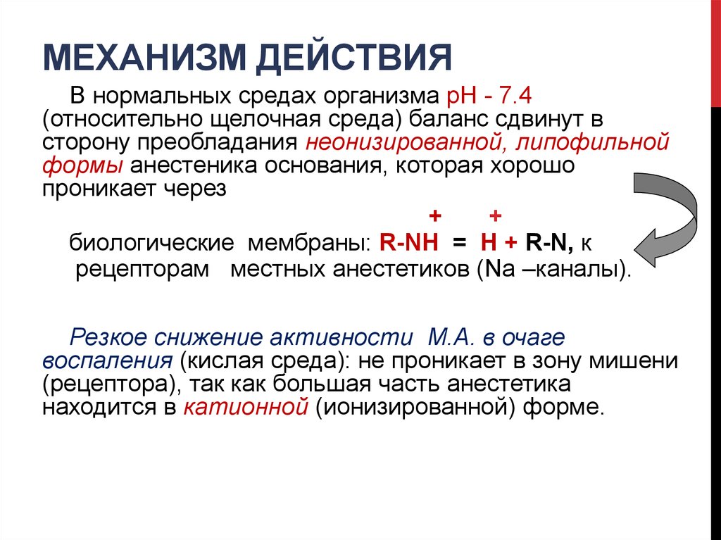 Нормальная среда. Снижение активности местных анестетиков в очаге воспаления. Механизм действия местных анестетиков. Эффекты местных анестетиков в очагах воспаления. В очаге воспаления активность анестетика.