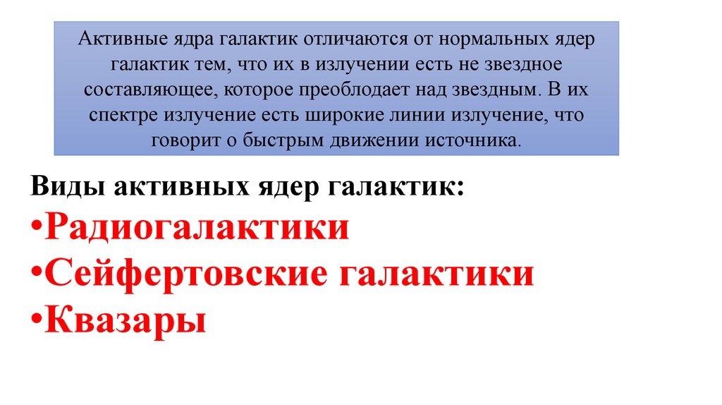 Виды активных ядер галактик: