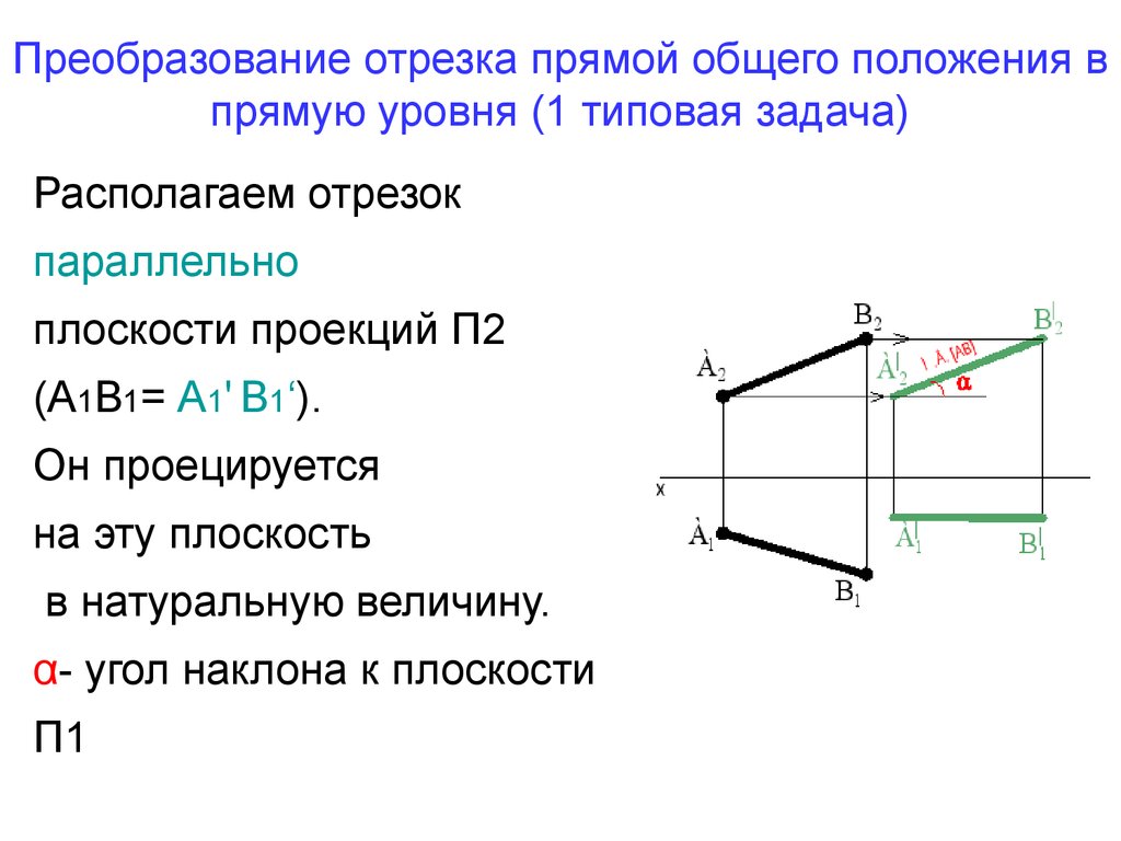 Положение отрезков. Преобразование прямой общего положения в прямую уровня. Преобразовать прямую общего положения в проецирующую прямую. Плоскость общего положения в плоскость уровня. Преобразовать прямую общего положения в прямую уровня.