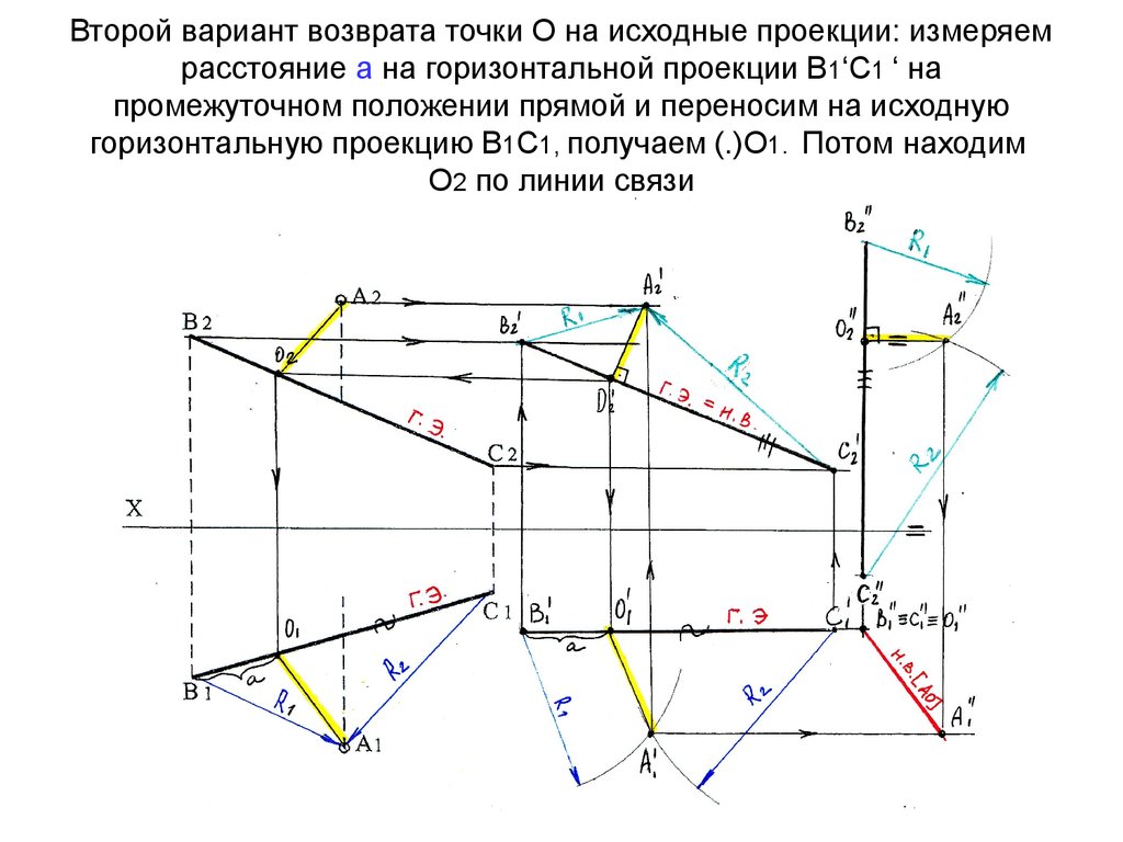 Второй вариант возврата точки О на исходные проекции: измеряем расстояние а на горизонтальной проекции В1‘С1 ‘ на промежуточном положении