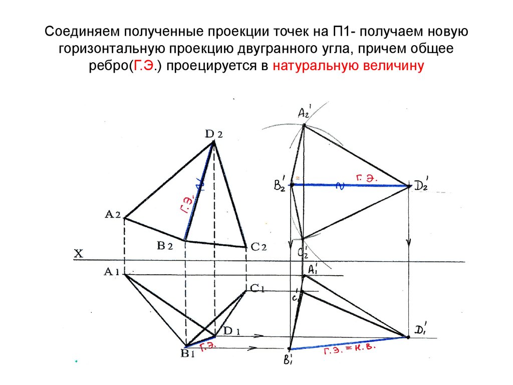 Проекцией угла. Горизонтальная проекция. Проецируется в натуральную величину. Проекция двугранного угла. Определить величину двугранного угла между плоскостями.