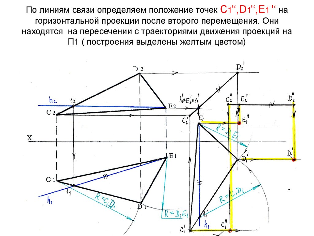 По линиям связи определяем положение точек С1'‘,D1'‘,Е1 '‘ на горизонтальной проекции после второго перемещения. Они находятся на пересечен
