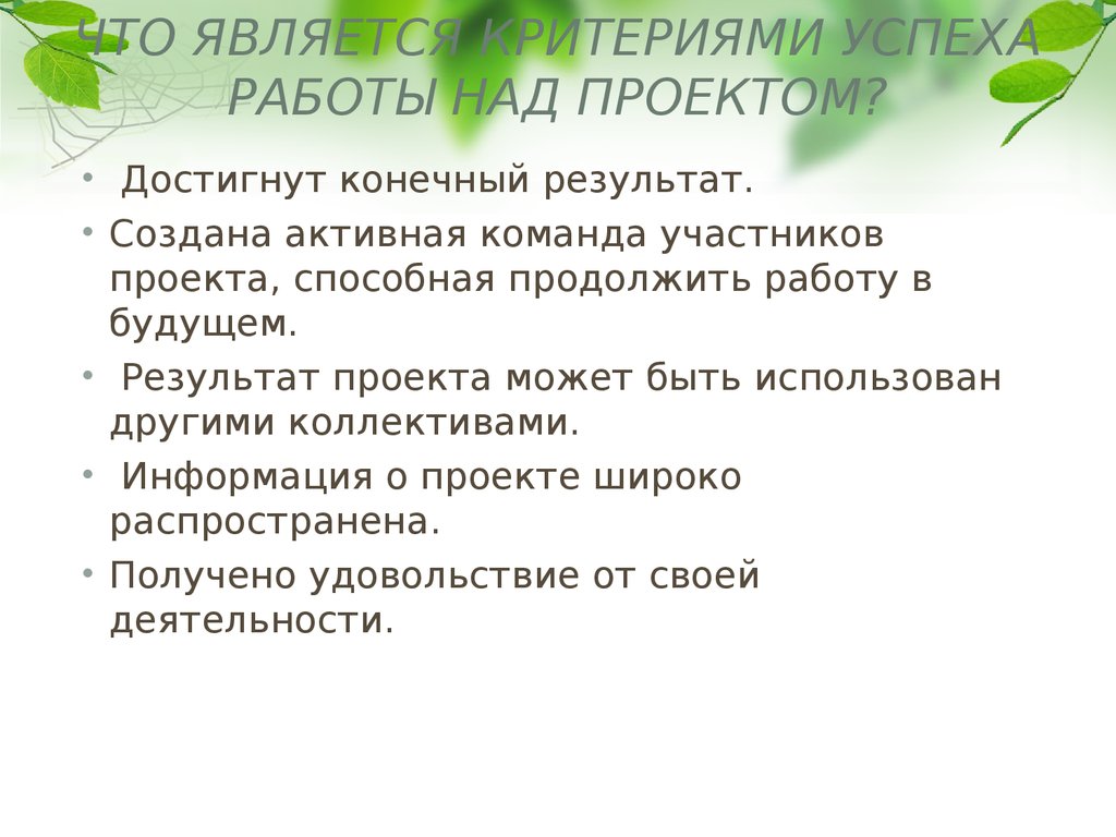 Каковы критерии успеха работы над проектом