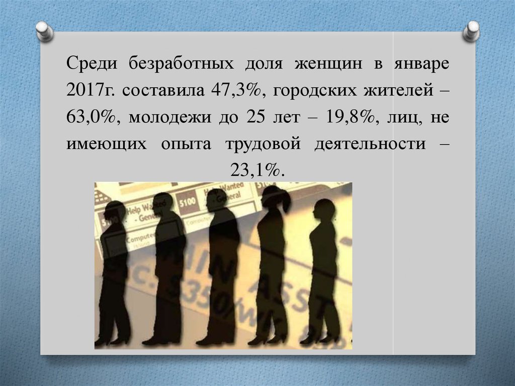 Среди безработных доля женщин в январе 2017г. составила 47,3%, городских жителей – 63,0%, молодежи до 25 лет – 19,8%, лиц, не