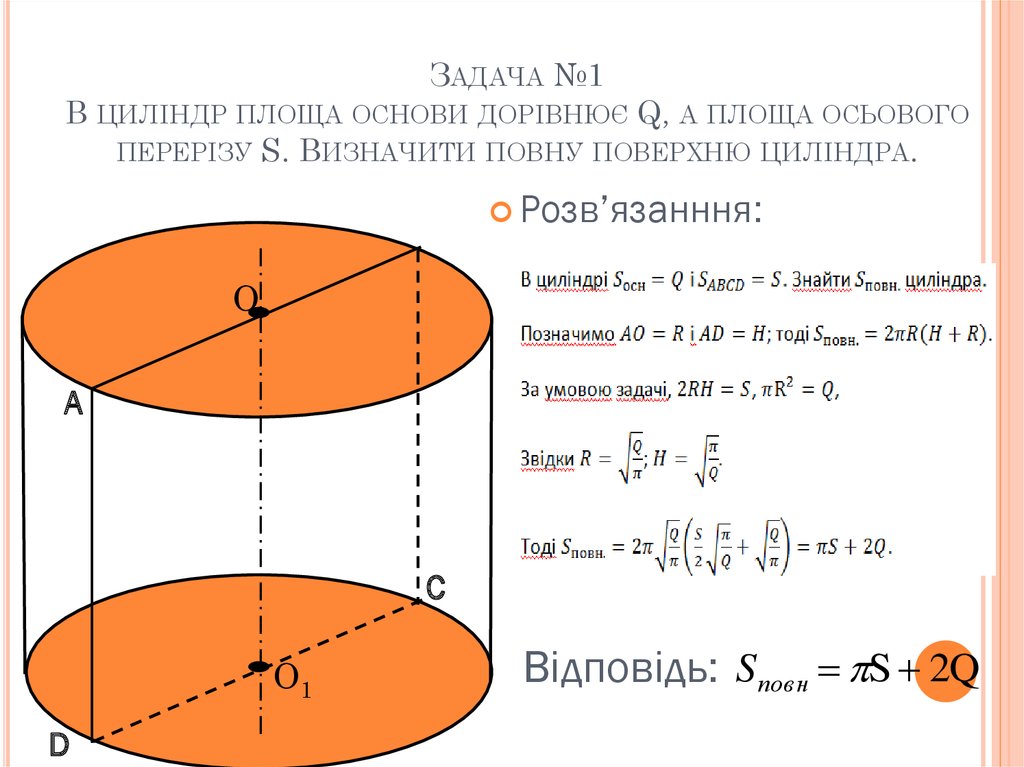 Задача №1 В циліндр площа основи дорівнює Q, а площа осьового перерізу S. Визначити повну поверхню циліндра.