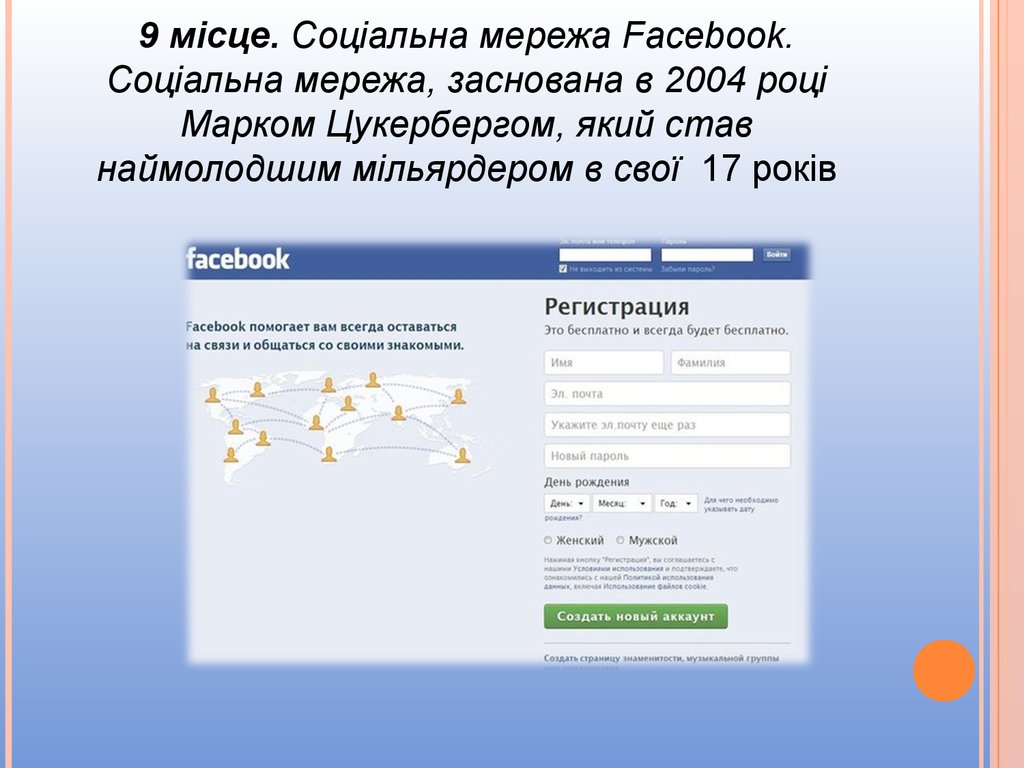 9 місце. Соціальна мережа Facebook. Соціальна мережа, заснована в 2004 році Марком Цукербергом, який став наймолодшим мільярдером в свої 17 років