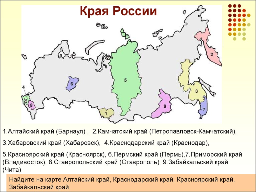 Есть 9 краев какие. Края РФ на карте. Края России и их столицы. У края России. Края России на карте.
