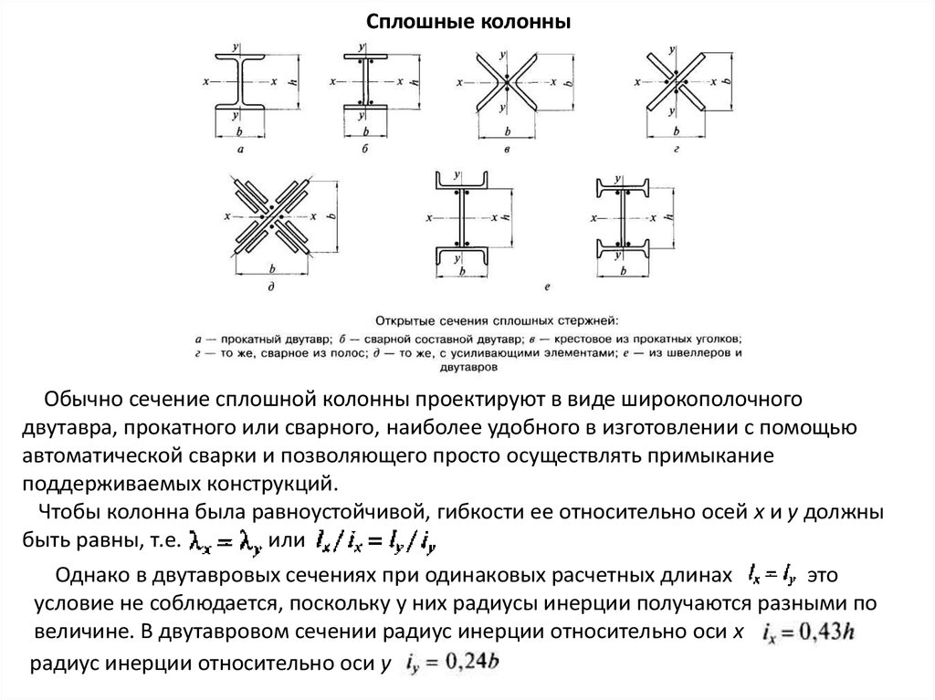 Подобрать размеры поперечного сечения. Расчет металлических колонн цельного сечения. Подбор поперечного сечения стальной Центрально-сжатой колонны. Схемы сечений сплошных колонн. Сплошная металлическая колонна двутаврового сечения.