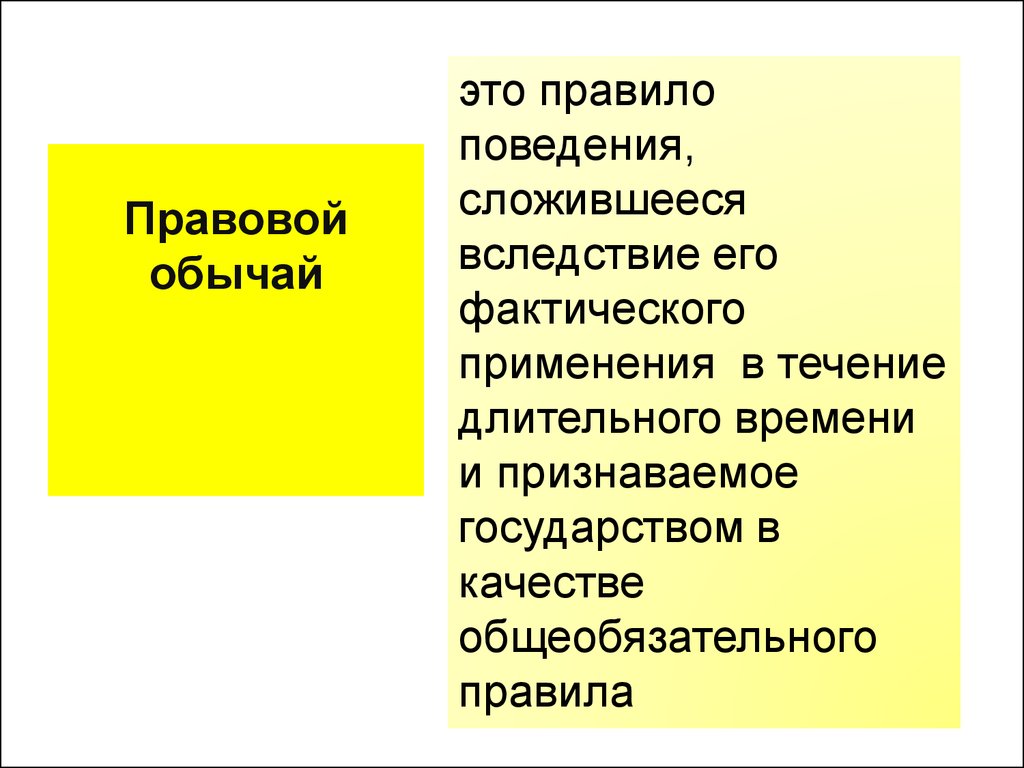 Использование в течение длительного времени. Правило поведения сложившееся вследствие фактического. Правовой обычай. Правило поведения сложившееся в течении длительного времени. Правила поведения сложившееся вследствие его фактического повелени.