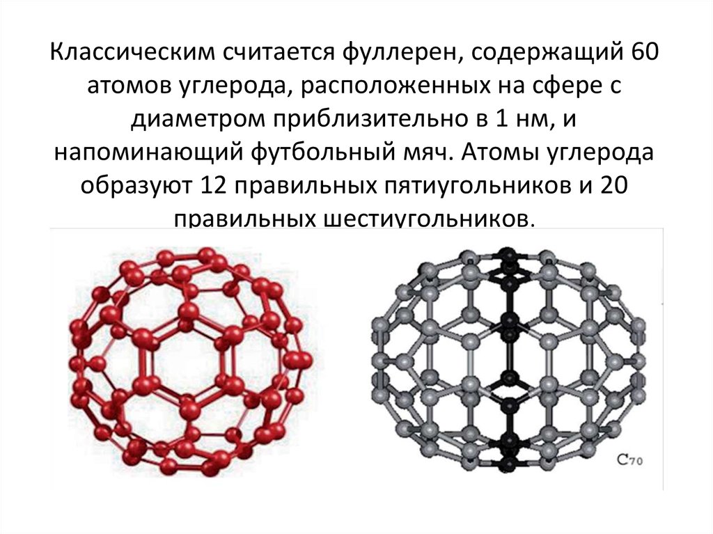 Классическим считается фуллерен, содержащий 60 атомов углерода, расположенных на сфере с диаметром приблизительно в 1 нм, и напоминающий фу