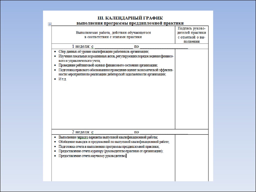 Рабочий график план проведения преддипломной практики