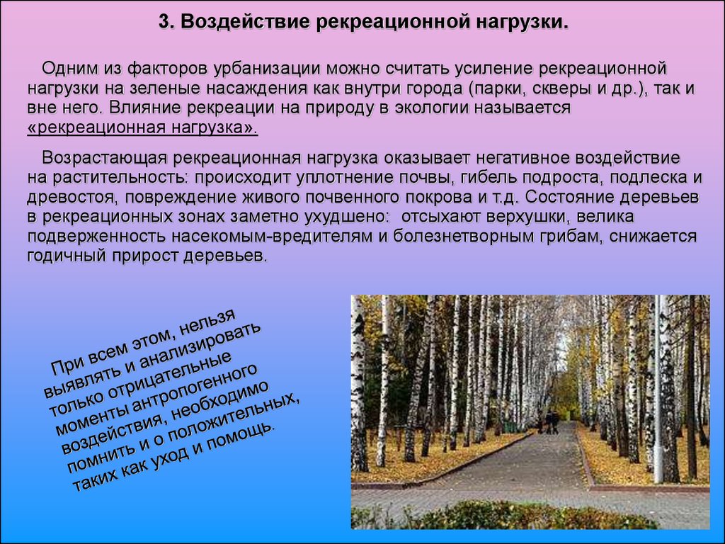 Определение влияния природных. Влияние рекреационной нагрузки на лесопарк (Пригородный лес). Рекреационная нагрузка. Рекреационная нагрузка парка. Влияние рекреационной нагрузки на окружающую среду.