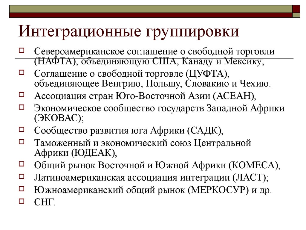 Интеграционные объединения. Интеграционные группировки стран. Основные интеграционные группировки. Региональные интеграционные группировки стран. Примеры интеграционных группировок.