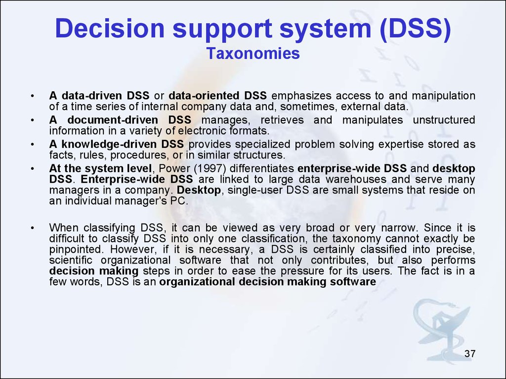 Decision support system (DSS) Taxonomies