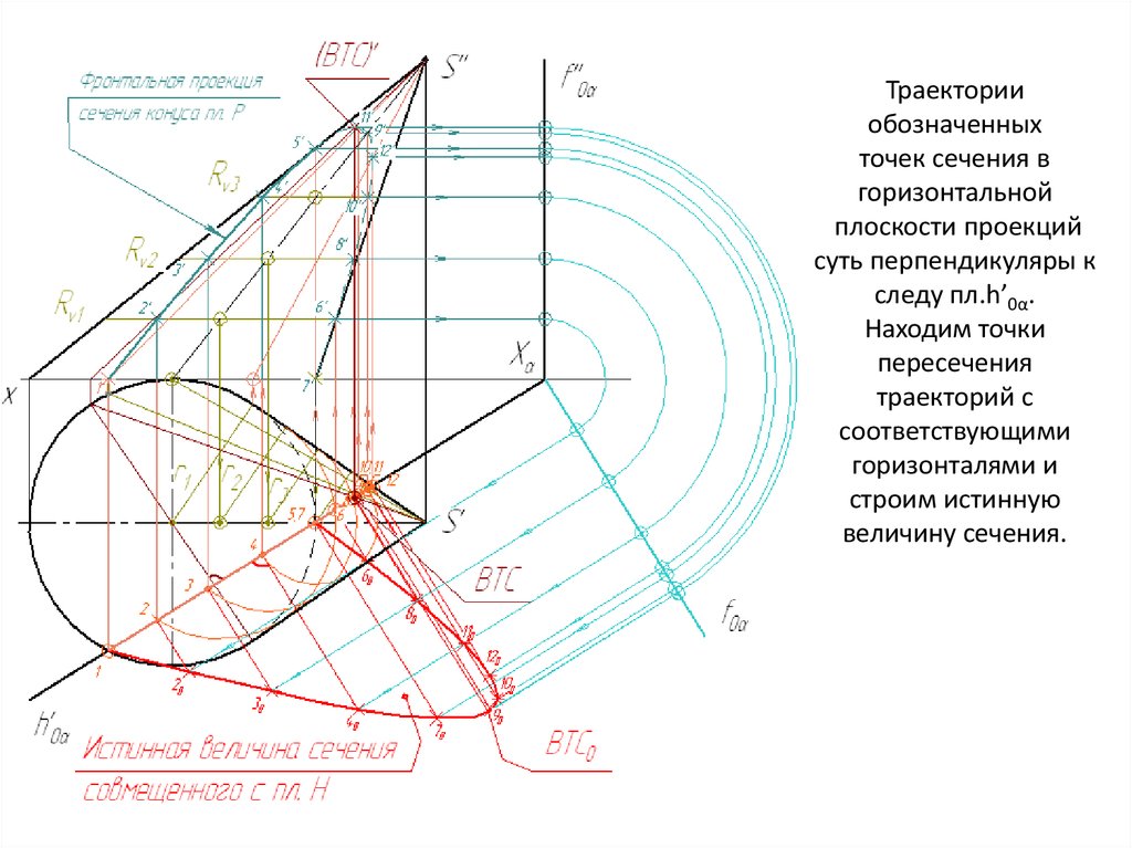 Точка сечения. Найти истинную величину сечения. Проекция траектории. Сечение горизонтальными плоскостями. Истинная величина сечения плоскости.