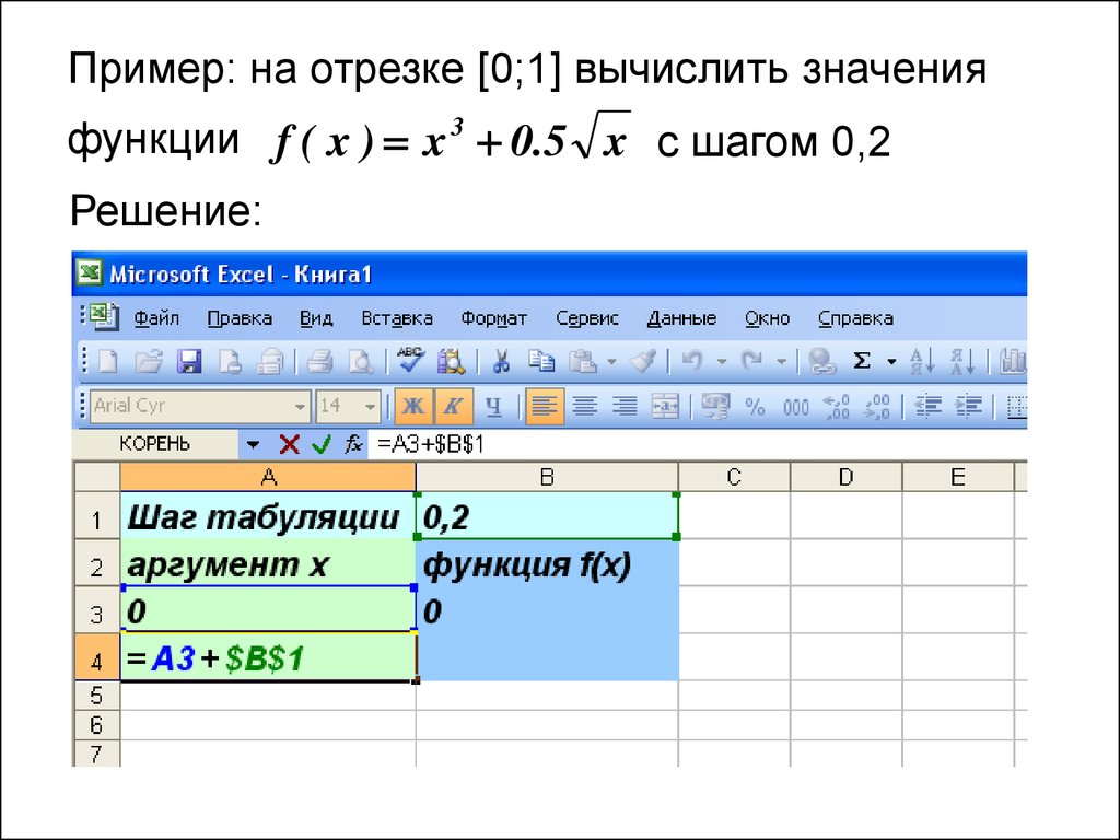 Построить таблицу значений функции. Протабулировать функцию на отрезке с шагом 0.5. Протабулируйте функцию на отрезке 0 1 с шагом 0.1. Вычислить значение функции в excel. На отрезке [-1;1] с шагом 0,2.