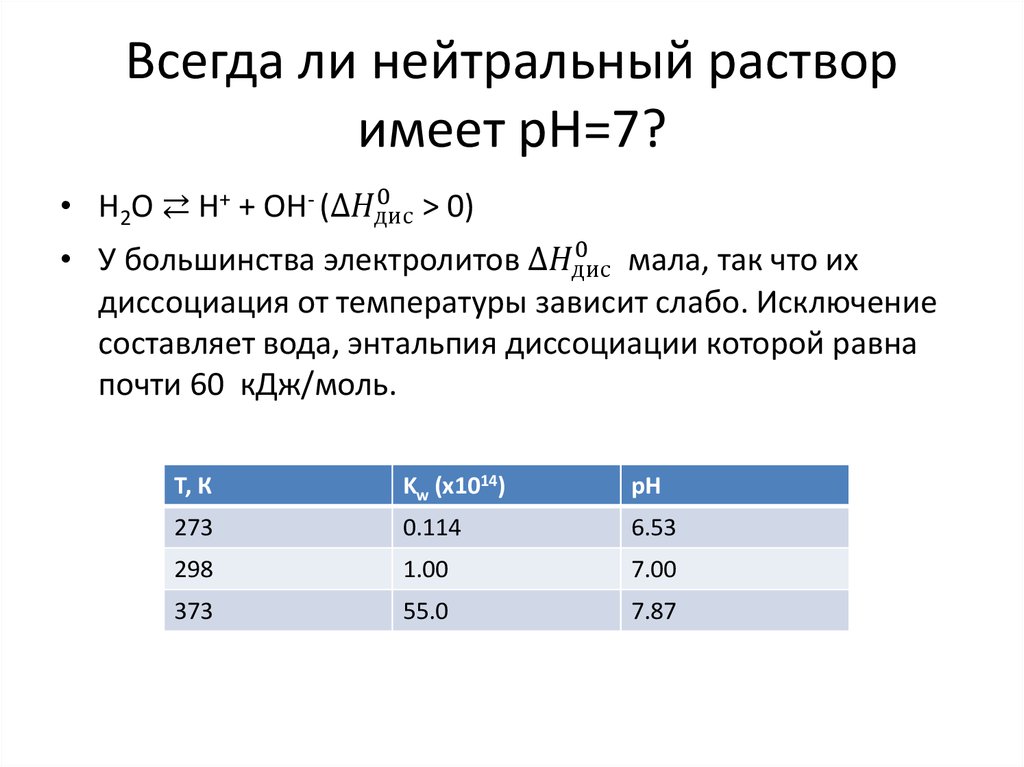 Всегда ли нейтральный раствор имеет рН=7?