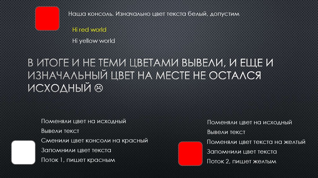 В итоге и не теми цветами вывели, и еще и изначальный цвет на месте не остался исходный 