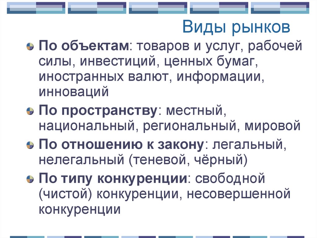 Местный региональный национальный мировой. Виды рынков. Виды рынков по объектам. Рынок виды рынков. Виды рынка по объектам рыночных отношений.