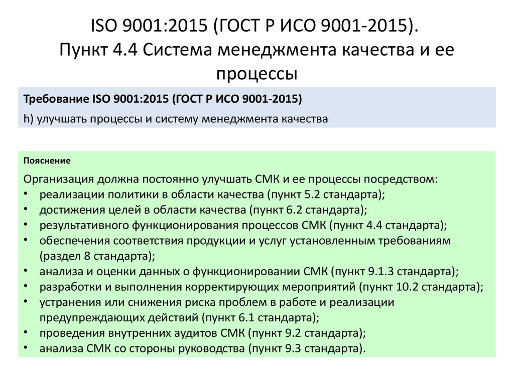 ISO 9001:2015 (ГОСТ Р ИСО 9001-2015). Пункт 4.4 Система менеджмента качества и ее процессы