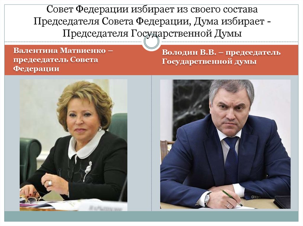 Совет Федерации избирает из своего состава Председателя Совета Федерации, Дума избирает -Председателя Государственной Думы