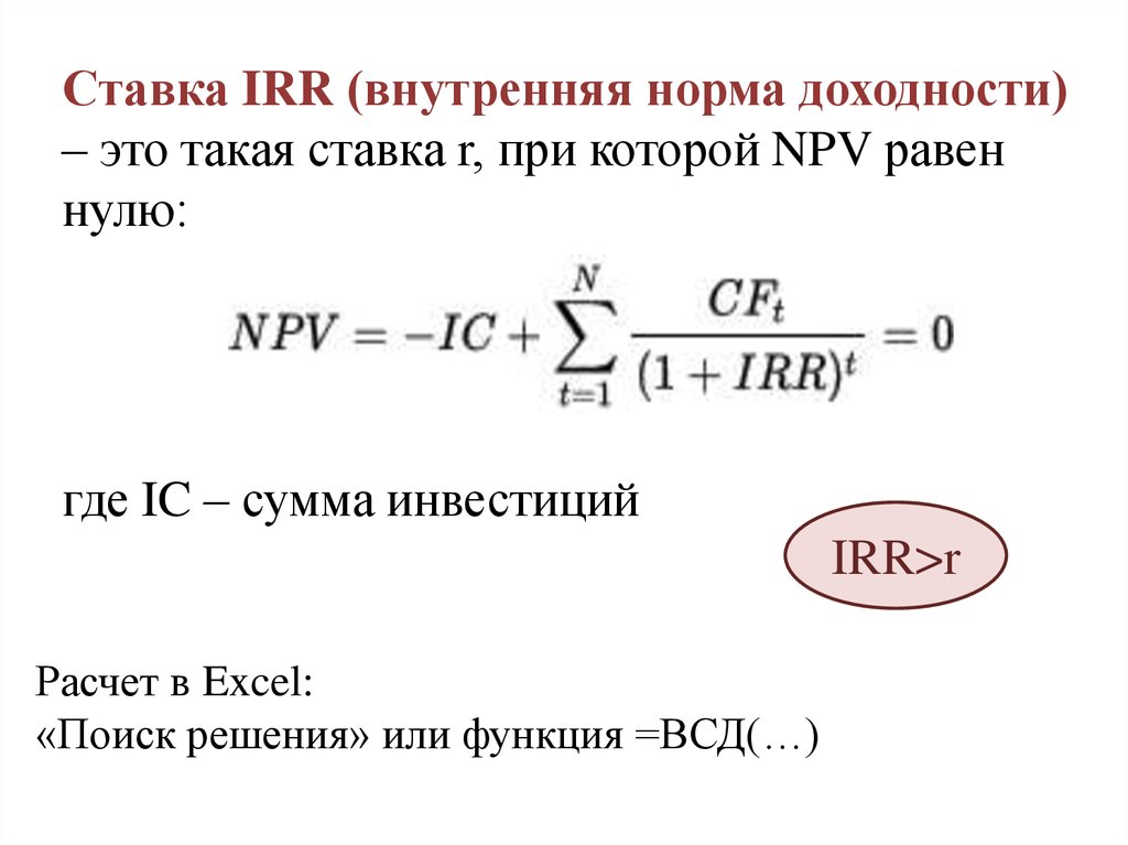 Внутренняя норма рентабельности проекта irr. Внутренняя норма доходности irr формула. Внутренняя норма доходности формула пример.