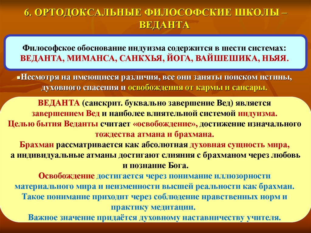 Философские школы. Школы древнеиндийской философии веданта. Ортодоксальные философские школы. Ортодоксальная школа веданта.