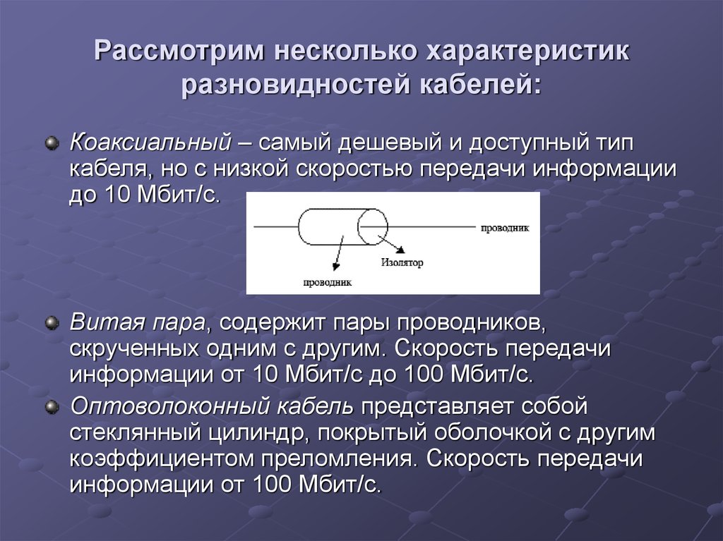 Рассмотрим несколько. Коаксиальная пара содержит. Дешевые доступные Тип кабеля на низкой скорости передачи информации. Несколько характеристик. Коаксиальный низкий скорость.