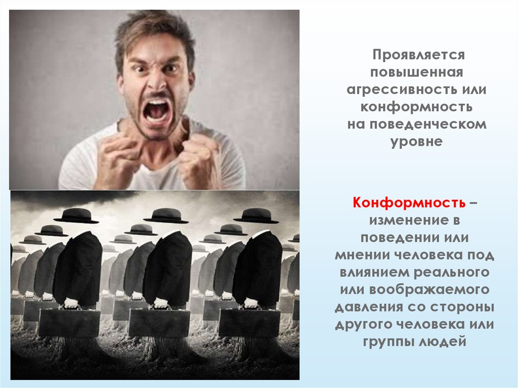 Реальное влияние. Высокий уровень агрессии. Высокая агрессивность. Увеличивают агрессивность:. Изменения поведения или мнения человека под влиянием.