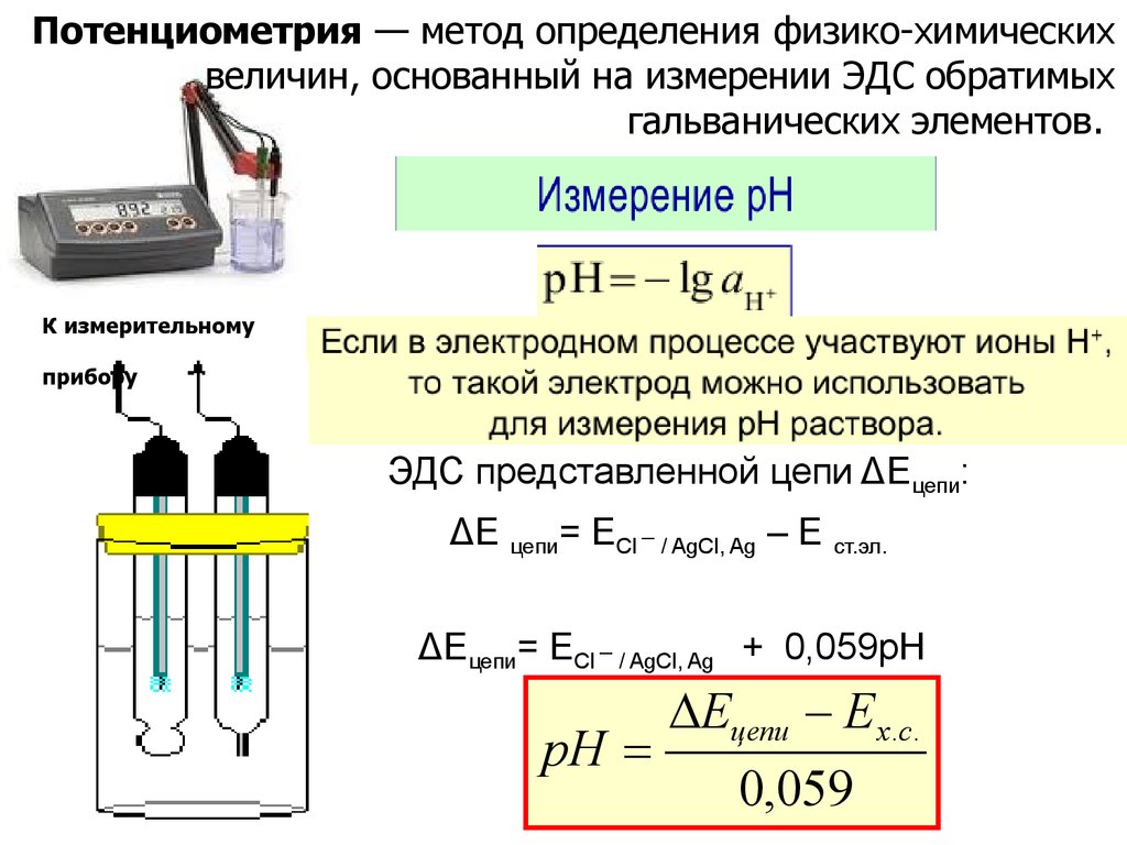 Вычислите эдс элемента. Потенциометрический метод измерения РН. Потенциометрического измерения PH схема гальванического элемента. Потенциометрический метод определения РН растворов. Схема электрохимической цепи для измерения PH.