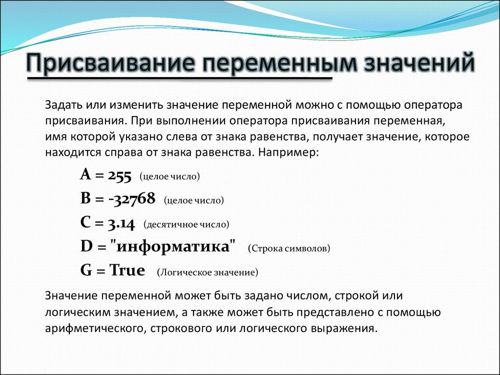 Какие переменные. Присваивание значения переменной. Присваивание значений переменным. Присвоить переменной значение. Способы присваивания.