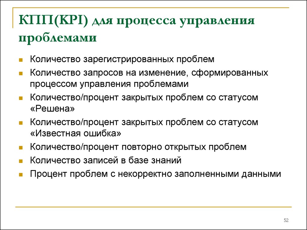 Открытая и закрытая проблема. КПП(KPI) для процесса управления проблемами:. Проблемы управления. КПП КПИ.