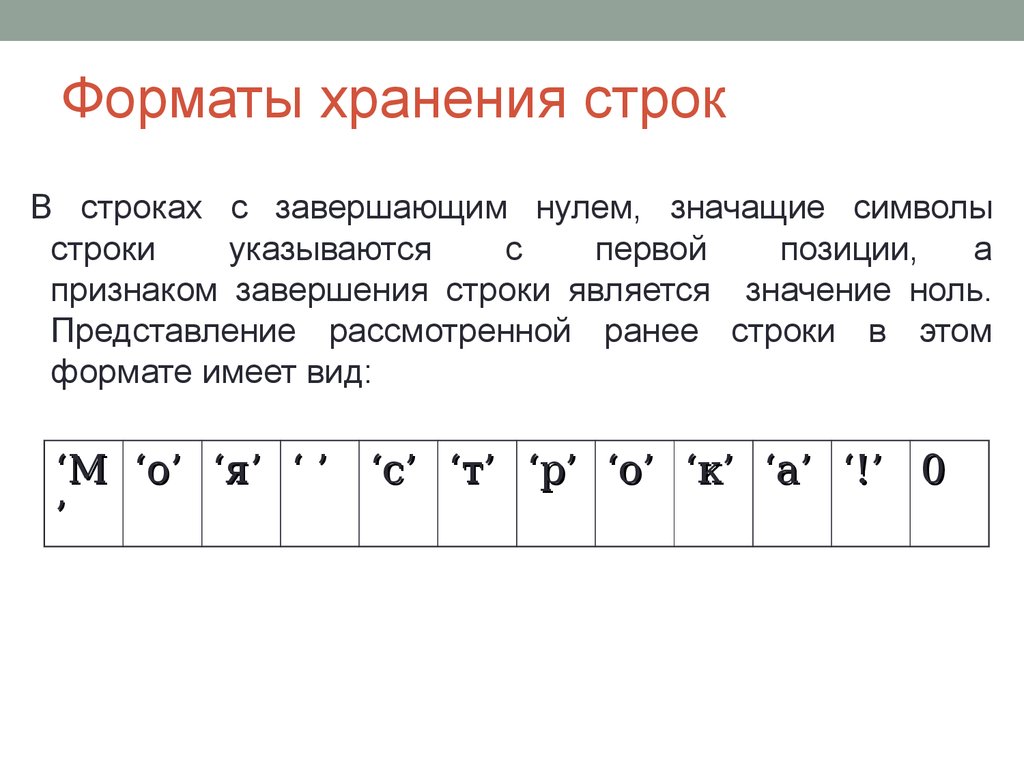 Строки являются. Хранение строк в памяти.. Строки. Формат строки. Работа со строками.