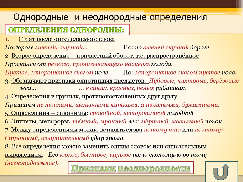 Стоит после определяемого слова в предложении. Однородные определения примеры. Однородные и не оьднородны определения. Знаки препинания при однородных и неоднородных. Предложения с однородными определениями.