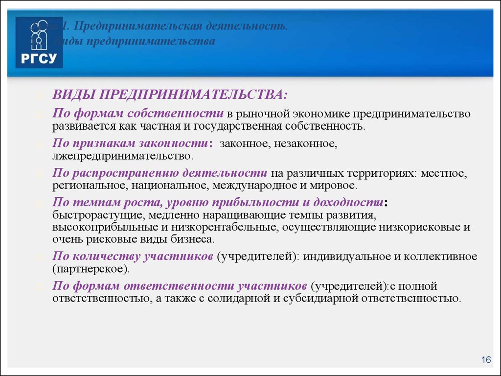 Виды предпринимательских проектов