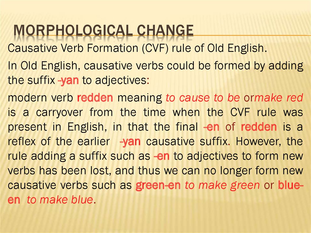 Verbs e. Morphological changes. Morphological changes in English. Morphological features. Morphological classification of verbs in old English.