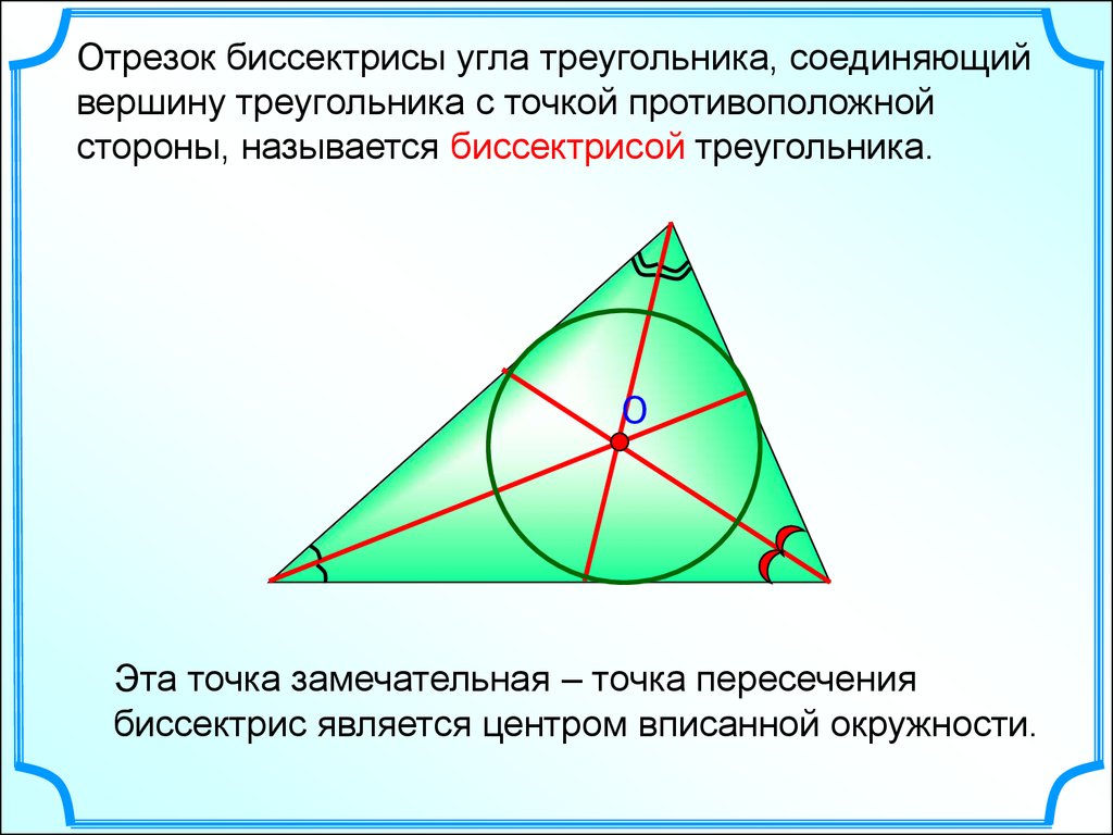 Отрезок соединяющий треугольника называется. Точка пересечения биссектрис. Точка пересечения биссектри. Точкапрересечения бисскектрис. Пересечение биссектрис в треугольнике.